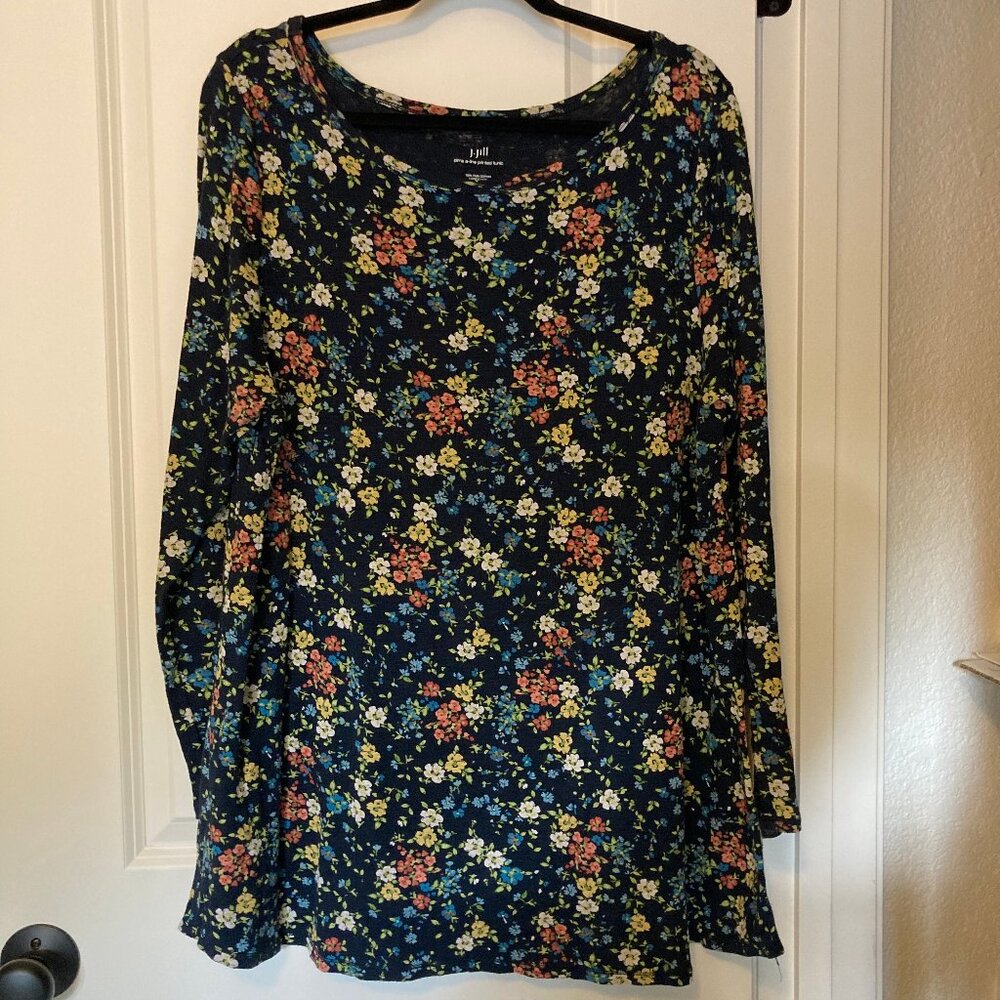 J Jill Pima Cotton Navy Floral Tunic Long Sleeve A-Line XL Cottagecore Boho